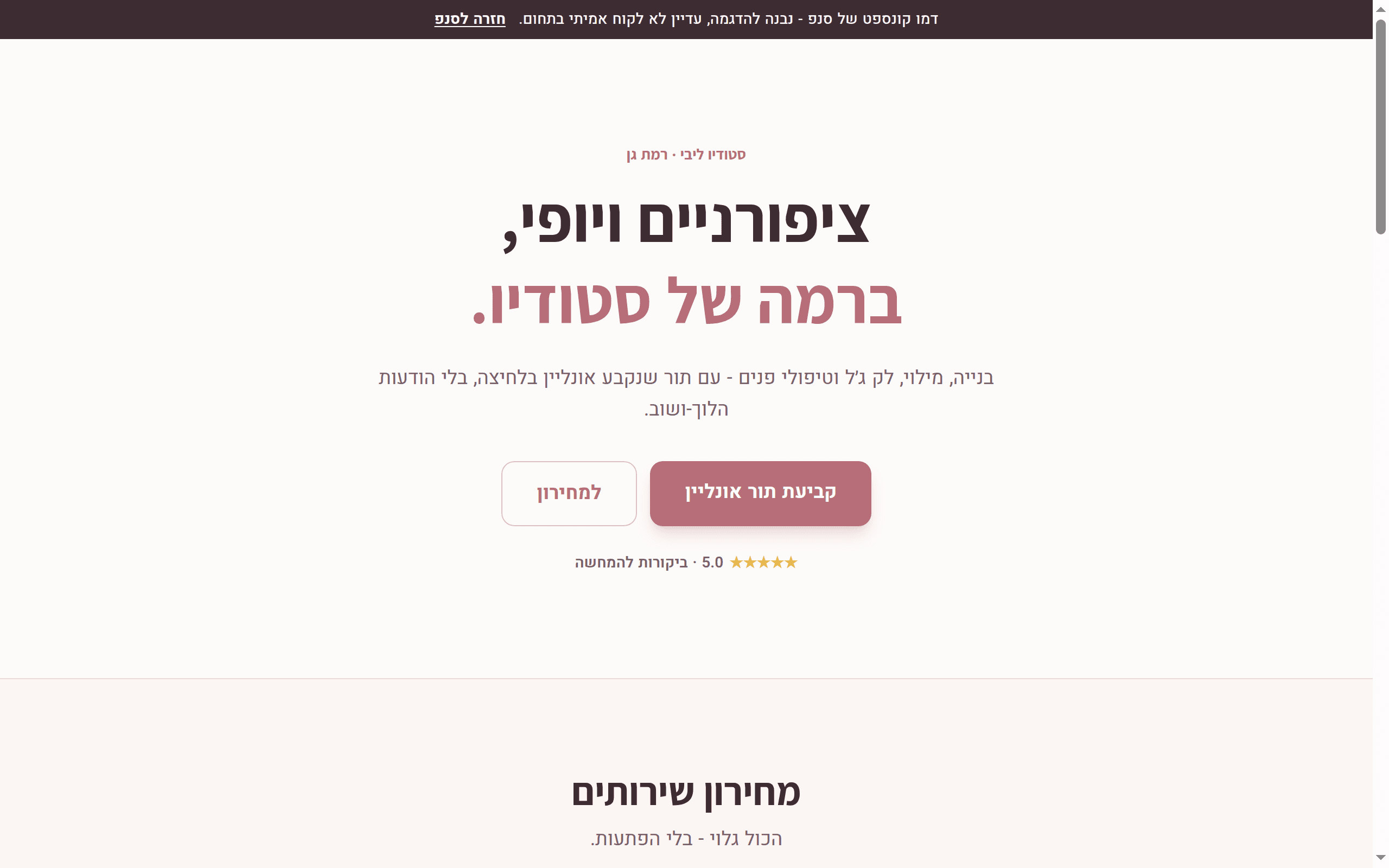 דמו קונספט לאתר מכון יופי - עמוד הבית של סטודיו ליבי