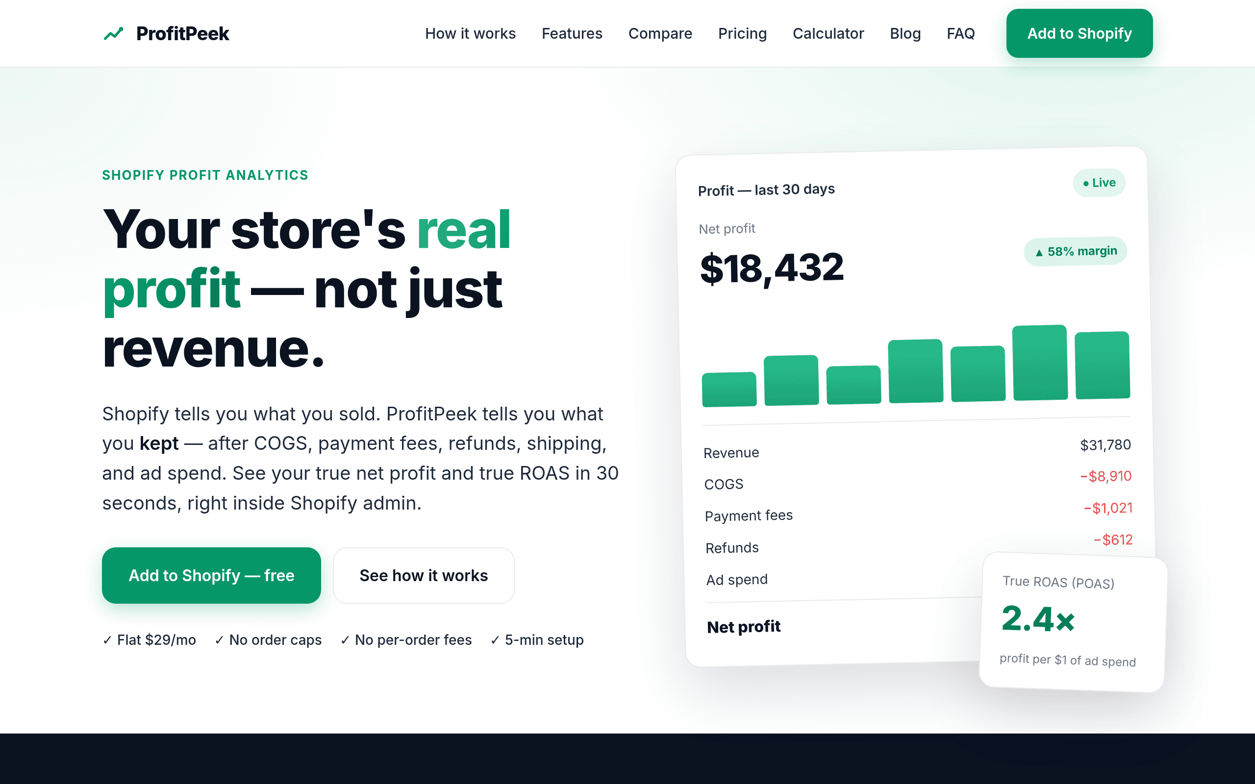 אתר ProfitPeek - אנליטיקת רווח לחנויות Shopify